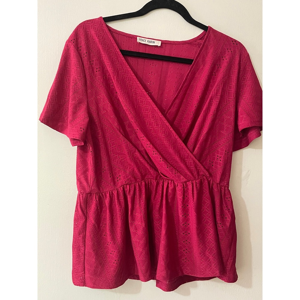 Grace Karin Magenta Pink Eyelet Lace Peplum Top Wrap V-Neck Short Sleeve Large